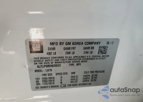 2017 Chevrolet Trax 1Lt z USA, uszkodzony, nr VIN KL7CJPSB5HB209331